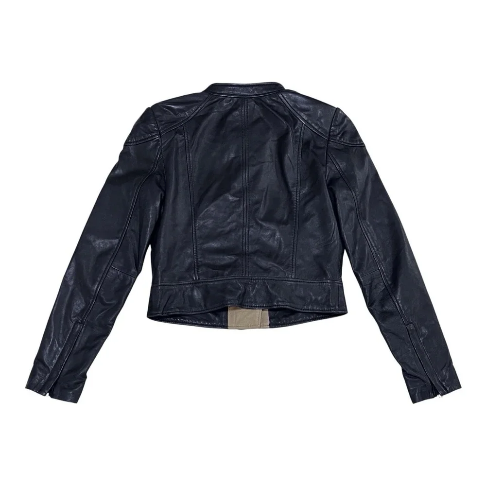 HALOGEN‎ Black Soft Leather Moto Jacket Cropped Fit Womens Small RETAIL $378
